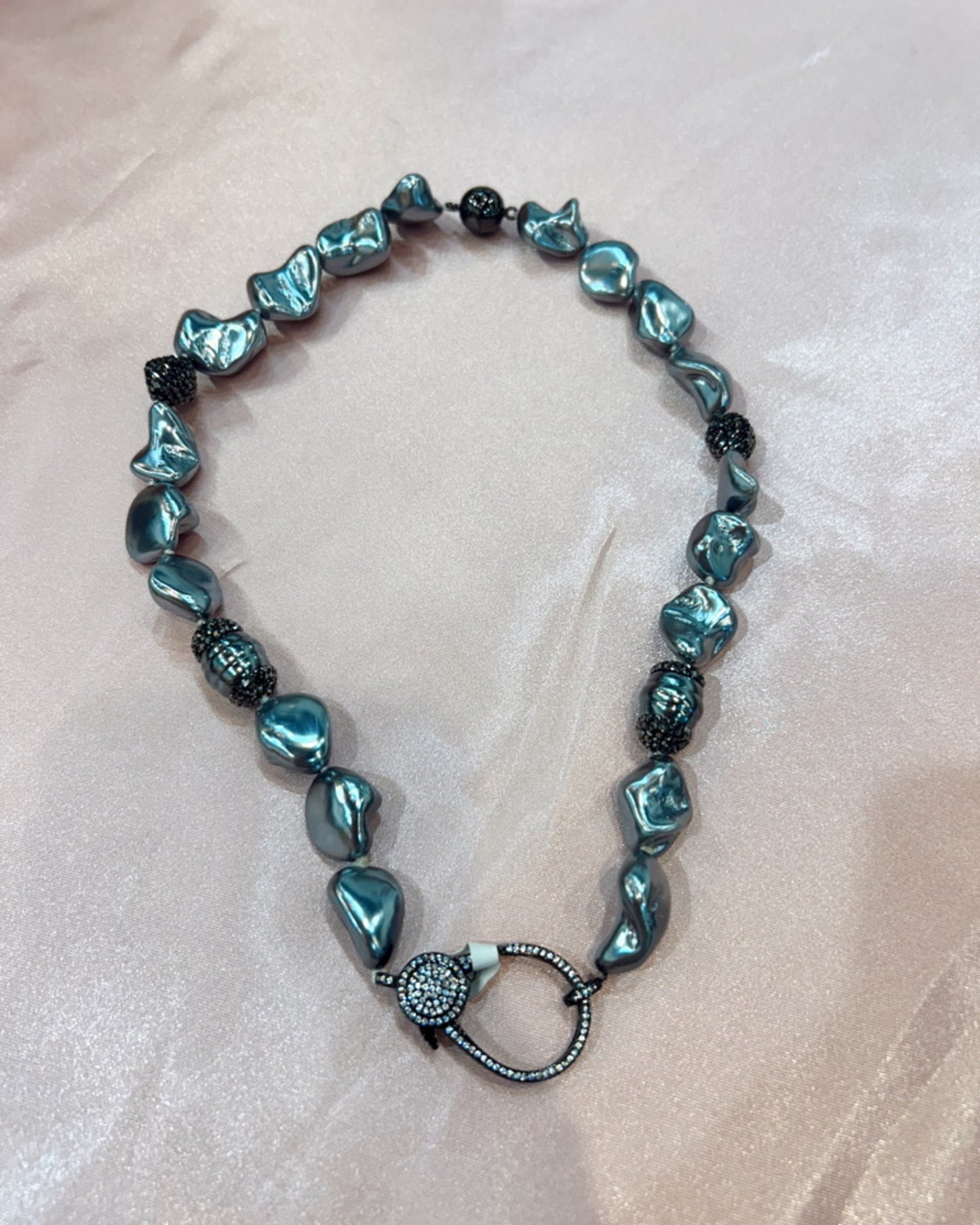 Silver Pave Beaded Necklace w/Pave Clasp