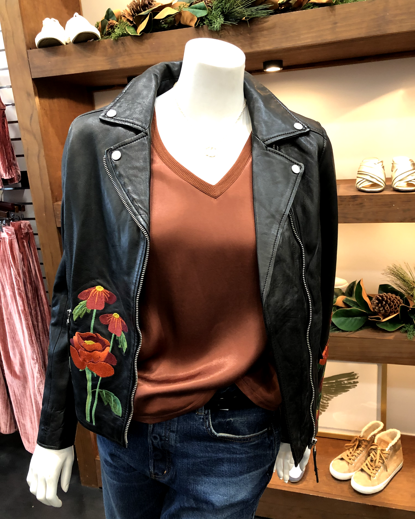 Mauritius Peonie Embroidered Leather Jacket