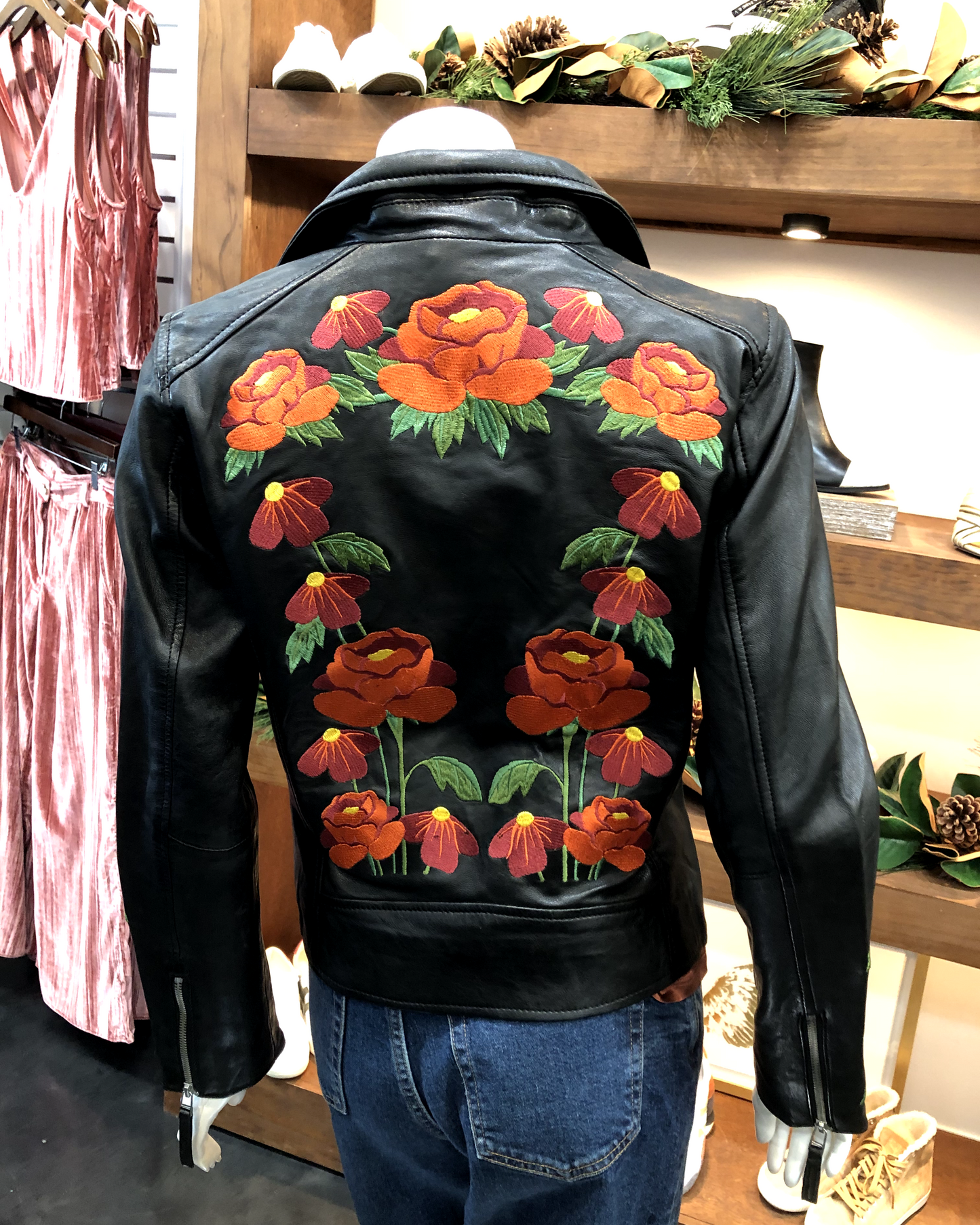 Mauritius Peonie Embroidered Leather Jacket