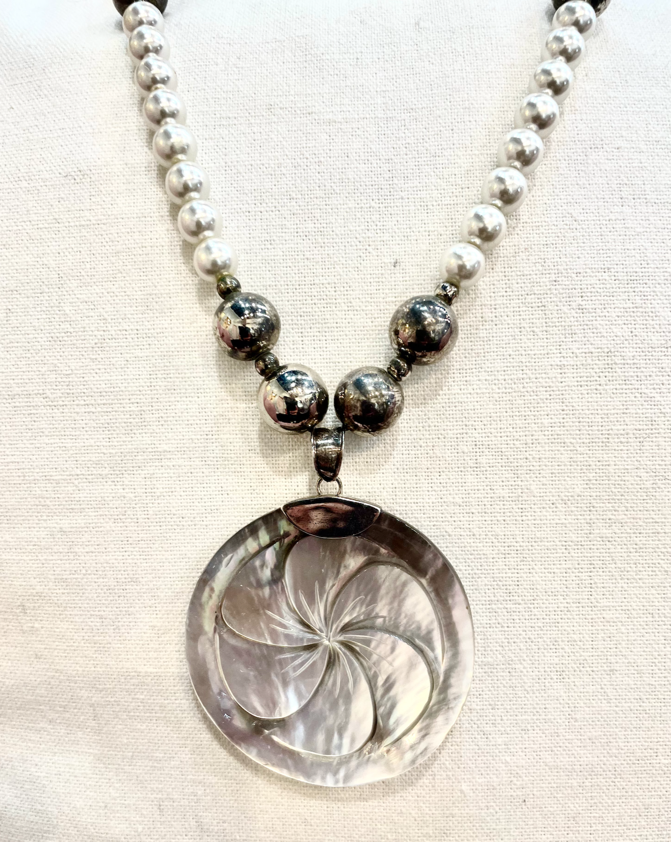 Pearl and Silver Necklace with Abalone Shell Pendant