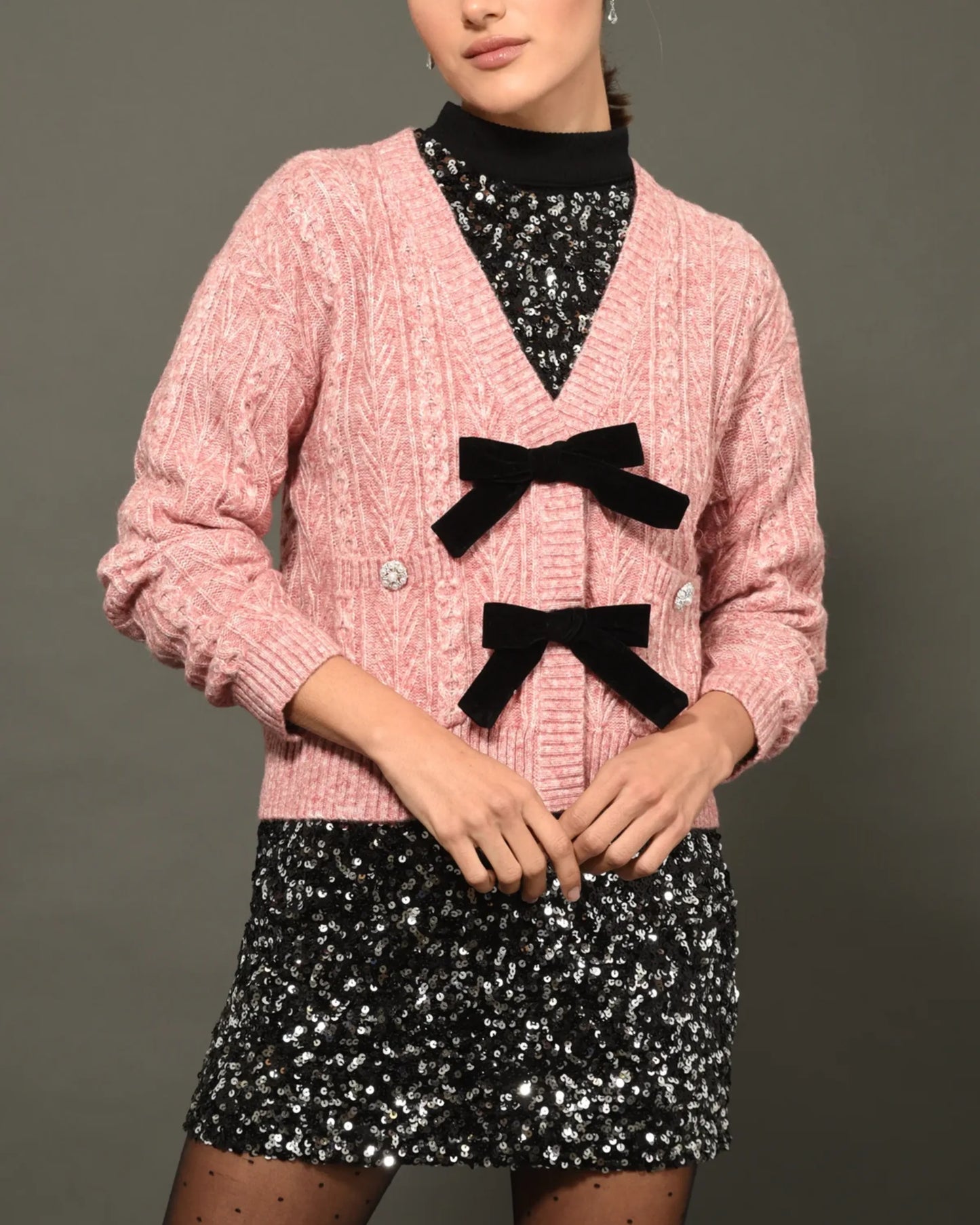 Adelyn Rae Lauren Bow Front Jeweled Cardigan